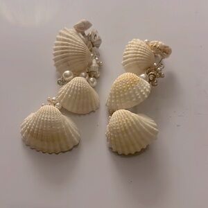 Shell, Rhinestones, Pearl Earrings, Gold Tone Backing